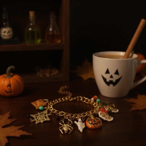 Halloween Charm Bracelet on Gold Chain | Super Cute | Spooky, Ghost, Spider Web - Picture 3 of 7